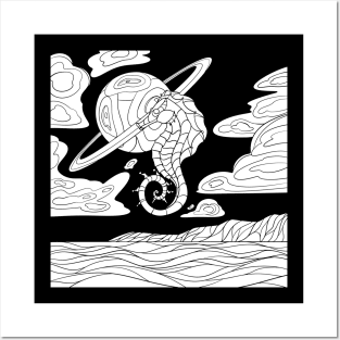 Black and White Space Seahorse Posters and Art